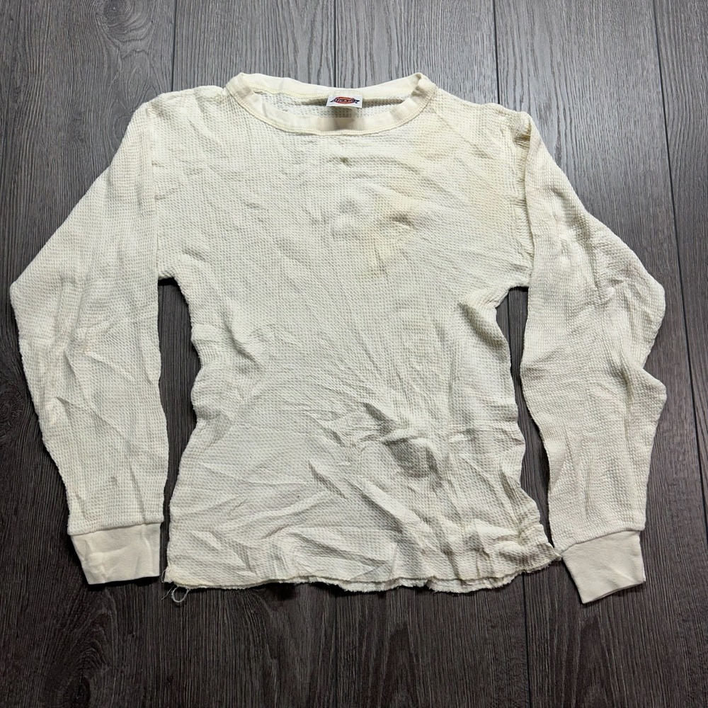 Vintage 90s Dickies Thermal Waffle Knit Long Sleeve Shirt Off White Cream Small